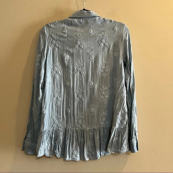 MISS ME Size Small Roll-tab Floral Embroidered BOHO Button Shirt Ruffled Blue - Picture 10 of 10